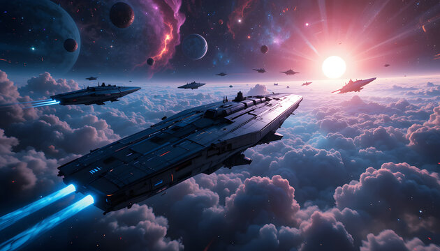 Naves espaciais futuristas cruzando o espa&ccedil;o sideral entre nuvens, planetas e estrelas.