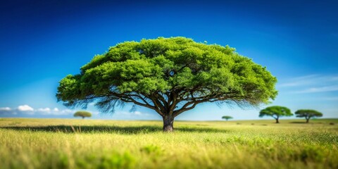 Fototapeta premium Tilt-Shift Photography: Lush Green Tree in South African Grassland Under Blue Sky