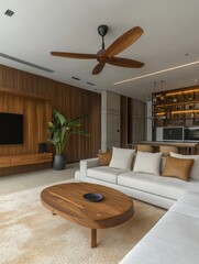 Modern living room with wooden accents and cozy furnishings showcases elegance and comfort in a stylish urban setting