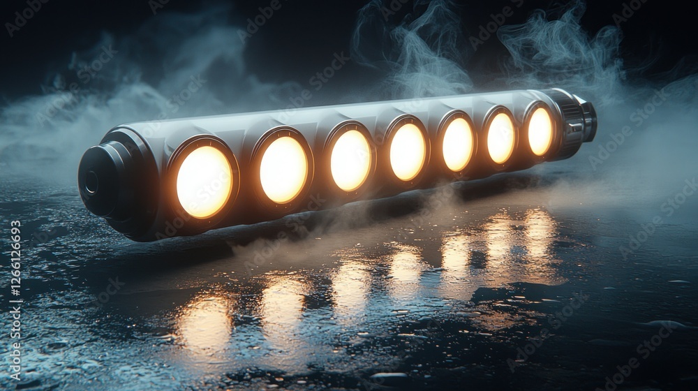 Poster metallic object with lights, reflecting on a wet surface with background smoke