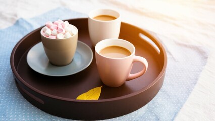 Cozy Cups of Cocoa on a Rustic Tray