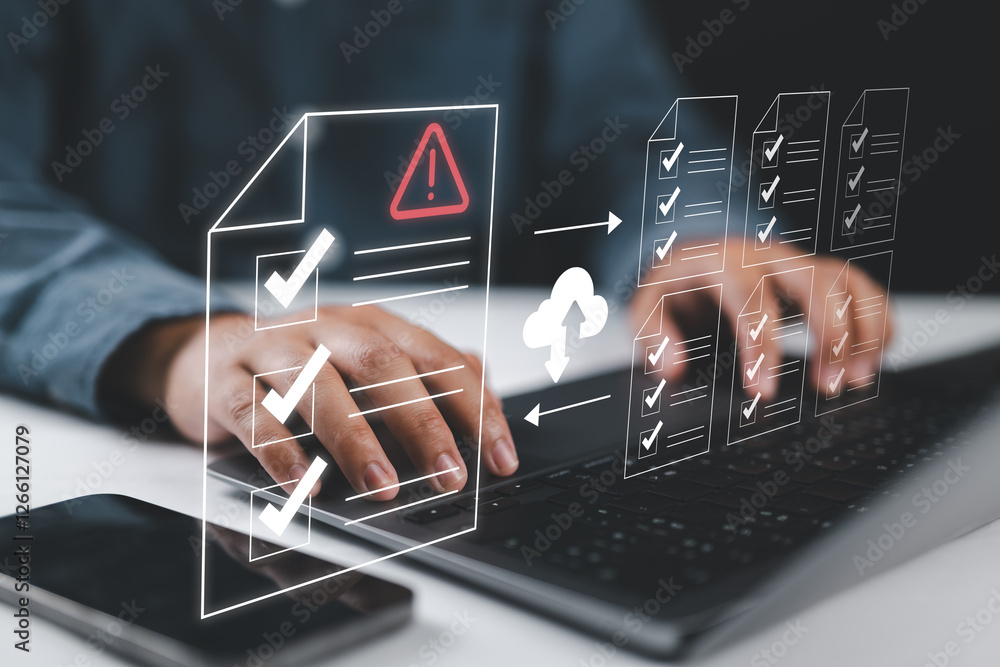 Poster Businessman checking the steps through a virtual online document with a list of checkboxes concepts of practices and policies, company articles of association Terms and Conditions.
