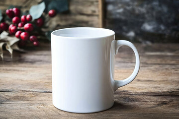 Obraz premium White ceramic coffee mug on a rustic wooden table with soft natural lighting.