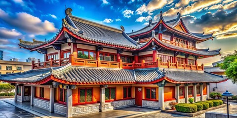 Fototapeta premium Traditional Two-Story Chinese House, Grey Roof, Asian Architecture, Stock Photo