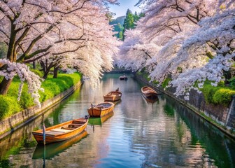 Fototapeta premium Tranquil Spring in Japan: Cherry Blossoms & Wooden Boats on Canal