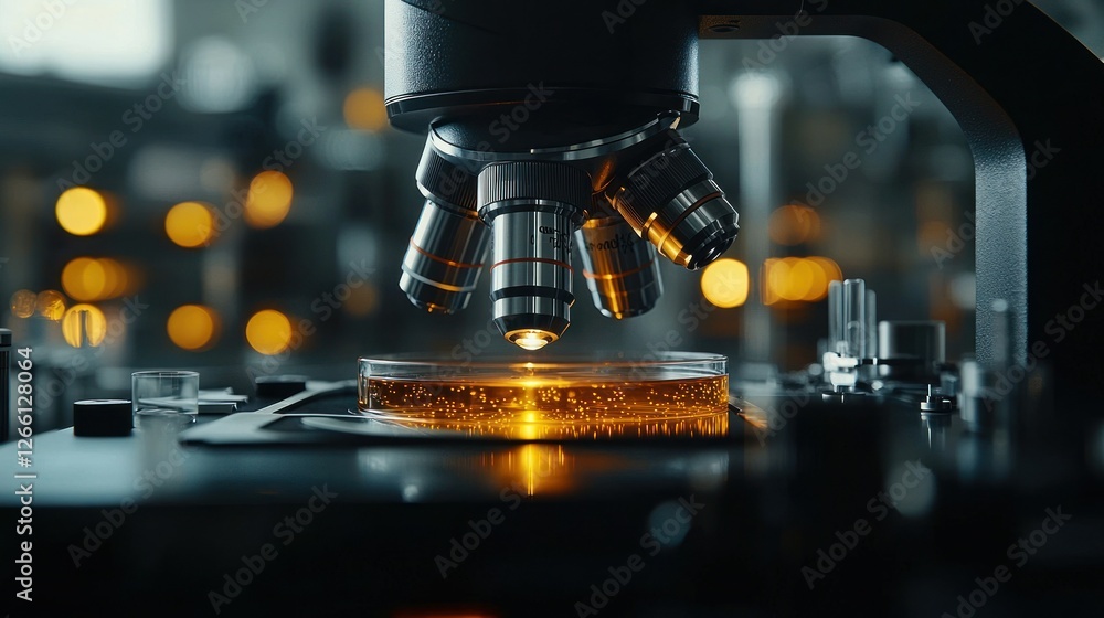 Poster microscope focused on liquid for research in lab with blurry background for science