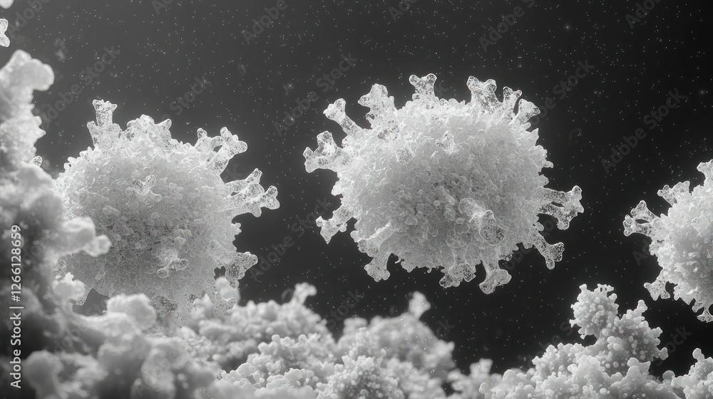 Poster microscopic view of virus cells attacking host body. medical use and science
