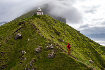 Scenic Drone View of Lighthouse in Faroe Islands During Late Summer