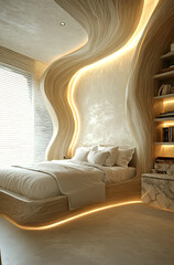 Villa bedroom, soft lighting atmosphere, minimalist style, modern interior decoration