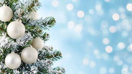 Snowy Christmas tree with ornaments, winter bokeh background, festive holiday card