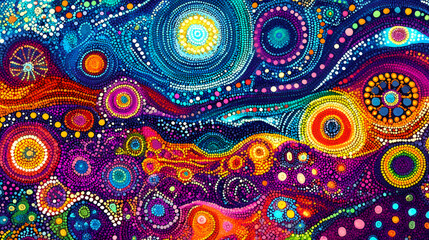 Vibrant australian aboriginal art: colorful dot painting and landscape. Ancient Sky Beasts. Illustration
