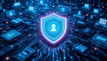 Digital Security Shield Protecting User Data on Circuit Board Cybersecurity Concept