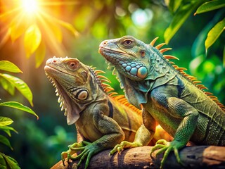 Fototapeta premium Two Iguanas Resting on Tree Branch - Tropical Wildlife Stock Photo