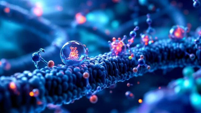 A highly detailed 3D animation of drug molecules interacting with cellular receptors