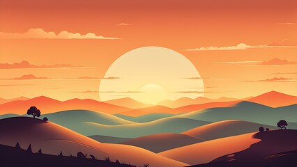 Obraz premium Vibrant sunset over rolling hills and mountains, illustrated in a stylized vector art style.