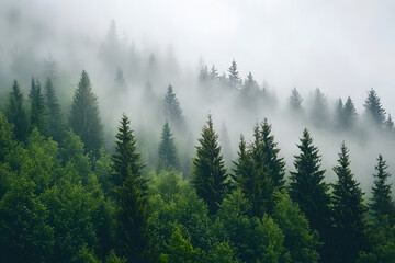 Beautiful green forest panorama with tall trees and sunlight filtering through the leaves