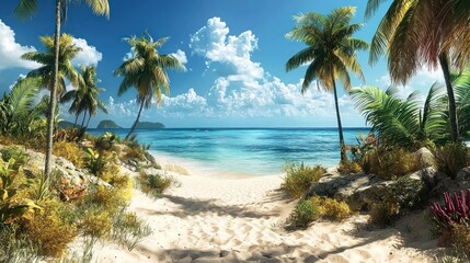 Tropical beach paradise, sunlit pathway to turquoise sea, lush palms, island getaway