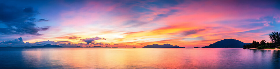 Obraz premium Panoramic view of a beautiful, colorful sunset over the sea with mountains