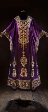 Byzantine emperor's ceremonial chlamys floating in space purple silk, gold embroidery, jewel-encrusted tablion, museum lighting, hands.