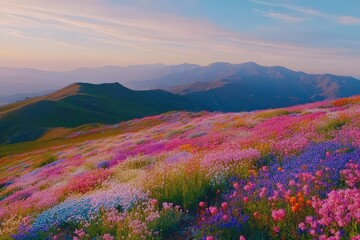 Fototapeta premium Vibrant wildflowers bloom in rolling hills at sunset near mountain ranges in springtime
