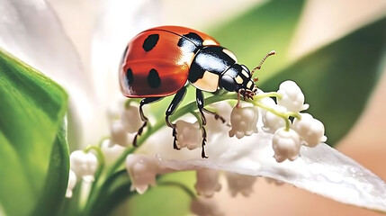 Fototapeta premium Stunning closeup of a ladybug perched on delicate lily of the valley blossoms. Vibrant colors and intricate details make this perfect for nature, spring, or insectthemed projects.