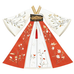 graphic illustration of a traditional Korean hanbok, white jeogori with delicate floral patterns, vibrant red chima with golden embroidery, transparent background, PNG