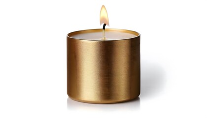 Golden Candle tin metal with lid flatlay on white background for elegant home decor, spa, aromatherapy, and relaxation projects