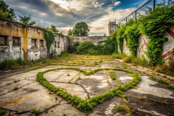Fototapeta premium Urban Decay Soccer Field: Graffiti Art, Heart Symbol, Abandoned Stadium