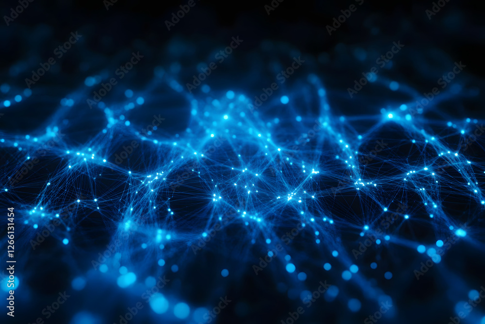 Poster a dark background with a blue abstract design of connected lines and dots, representing technologica