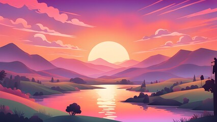 Vibrant sunset landscape illustration featuring a calm river winding through rolling hills and mountains under a large, bright sun.