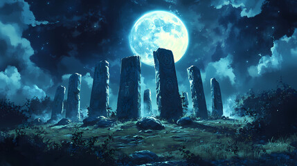 A circle of standing stones in a moonlit glade pulsates with ancient energy, opening a gateway to a realm of mythical beasts and endless adventures. Ancient Sky Beasts. Illustration