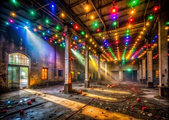 Fototapeta premium Urban Exploration: Fiesta Lights Illuminating Abandoned Building