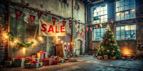 Naklejka premium Urban Exploration Festive New Year Sale Banner: Gifts & Decorations in Abandoned Building