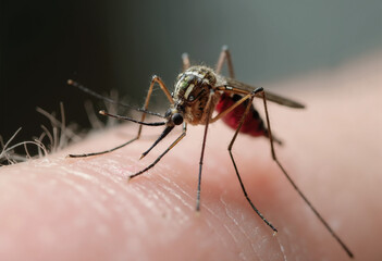 Close-up macro photography of a mosquito biting human skin
