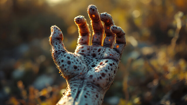 Photograph of zombie hand with many small holes deformed fingers fungal infection trypophobia generative ai, 77989