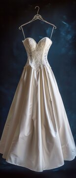 Classic ballgown suspended in space ivory duchess satin heart-shaped basque waistline cathedral train Chantilly lace overlay studio dramatic lighting mannequin watermark