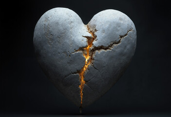 Symbolic cracked stone heart with glowing fissures