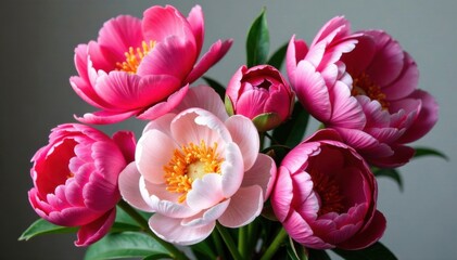 Obraz premium A bouquet of lush peony flowers in various colors and shapes , floral, bouquet, blossom