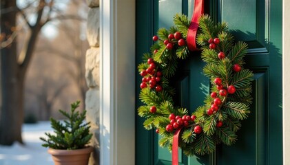 Naklejka premium A golden wreath made of evergreen branches and red berries hangs on a doorframe, berry, evergreen, gold