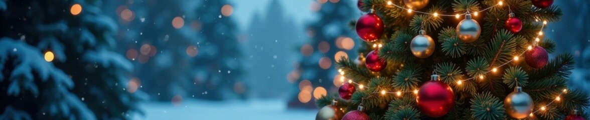 A large Christmas tree is decorated with colorful baubles and shiny string lights against a snowy winter backdrop, shiny lights, snow-covered landscape