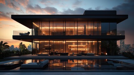 Fototapeta premium Modern Luxury Home with Infinity Pool at Sunset