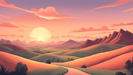 Fototapeta premium Serene sunset landscape illustration featuring rolling hills, a winding road, and a vibrant, large sun in a pastel sky.