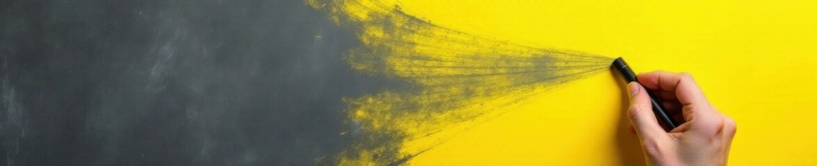 A large piece of black chalk used to write on a bright yellow blackboard against a dark gray background, drawing, markers