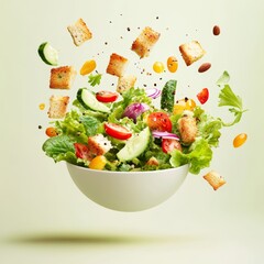 Fresh salad with colorful ingredients floating in air above a bowl, showcasing ingredients like lettuce, tomatoes, and croutons