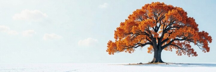 Naklejka premium A majestic oak tree with leafy branches on a snowy white surface, oak tree, winter, leafy