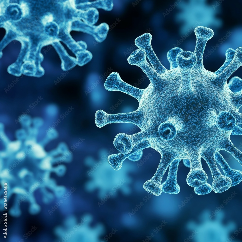 Poster close-up view of virus particles under a microscope revealing intricate structures and details of th