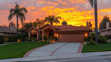 Naklejka premium Sunset illuminates a California home with palm trees