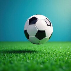 Fototapeta premium A soccer ball bouncing on a blue filet with green grass , field, game, fun
