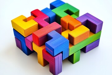 Obraz premium Colorful wooden puzzle blocks on white background, problem-solving game
