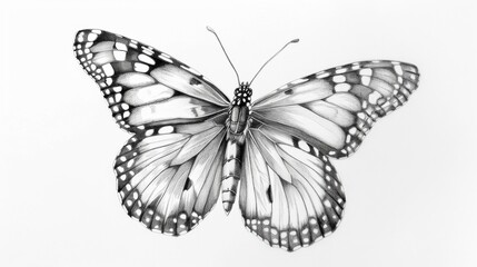 Fototapeta premium Elegant monarch butterfly, pencil sketch, monochrome shades, detailed wings, classic design element.